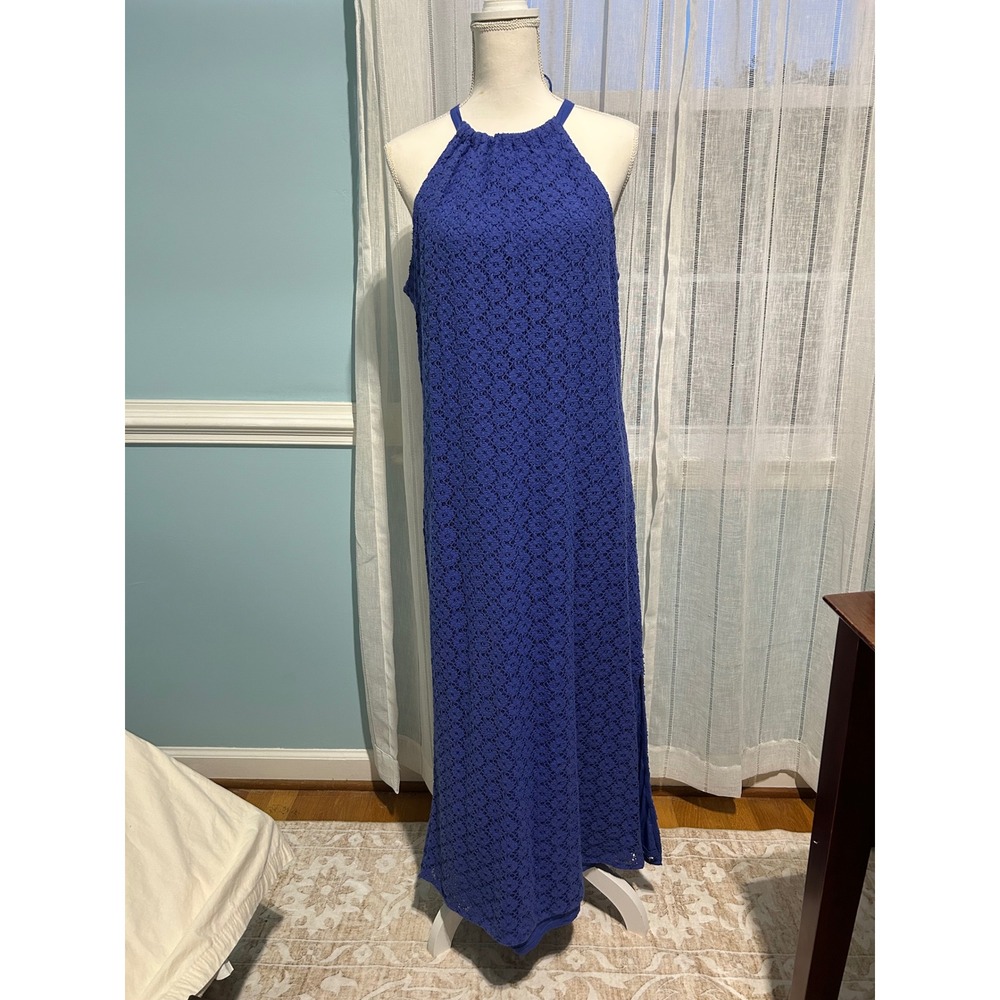 A‎ New Day Blue Eyelet Lace Halter Maxi Dress Women Large Cotton  Tie Back